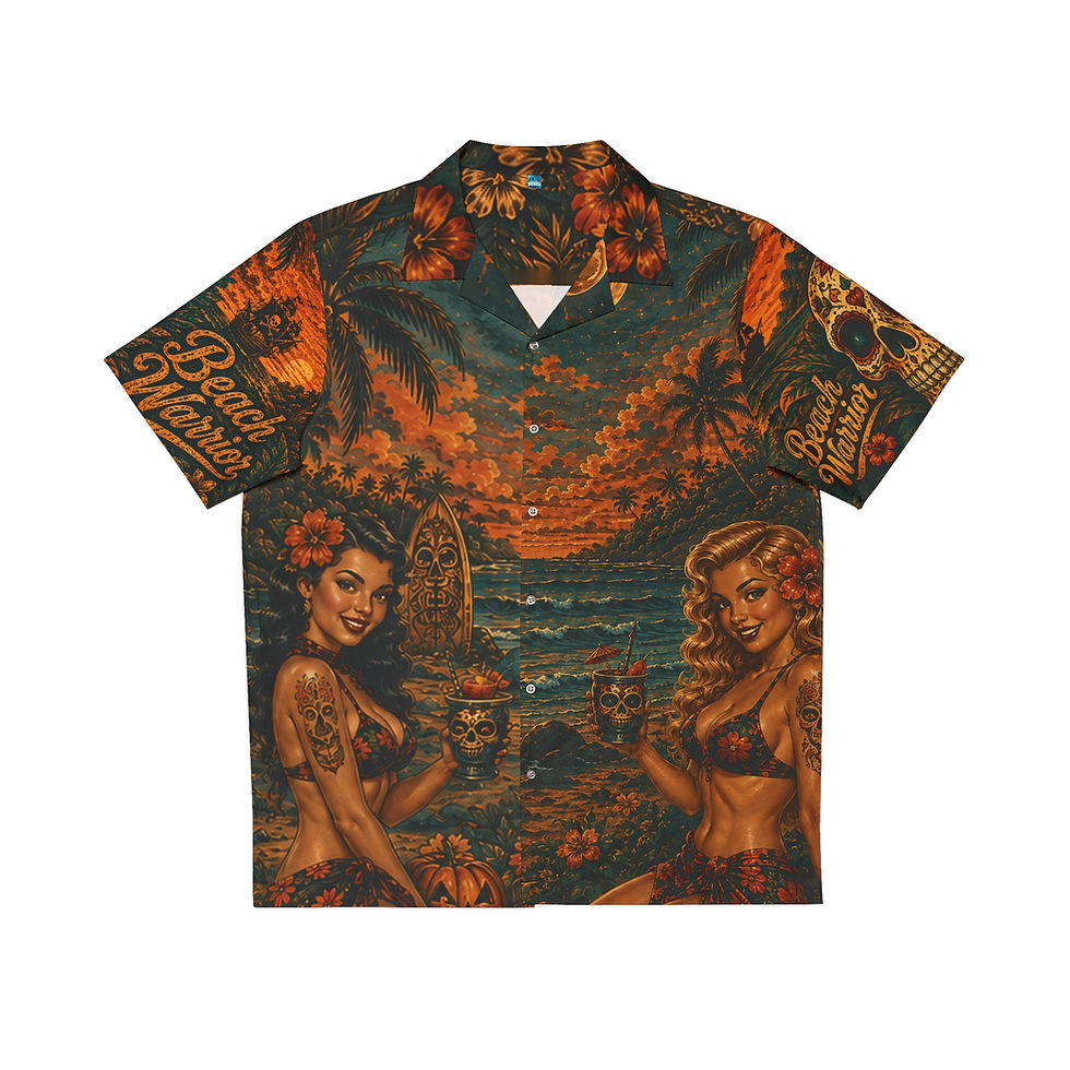 Front view of Beach Warrior Vintage Tiki Halloween Hawaiian Shirt