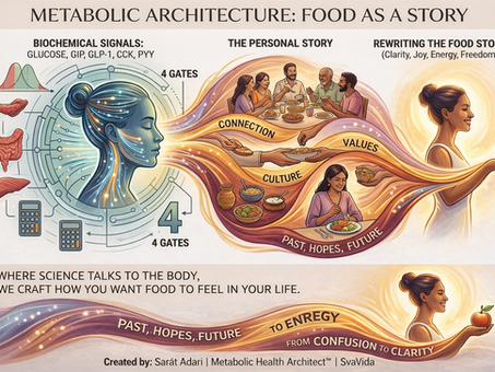 An abstract, wide-format illustration depicting the dual nature of nutrition.