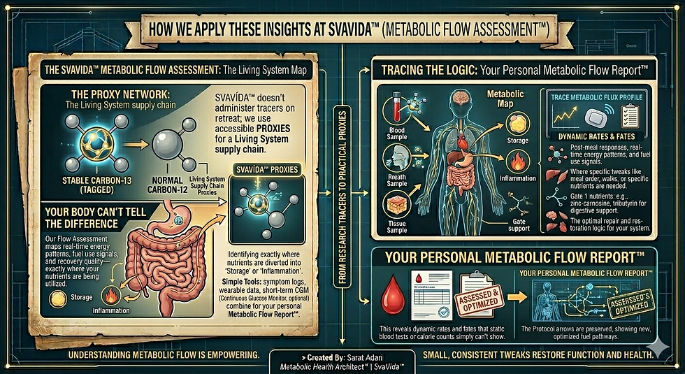 Infographic titled "How We Apply These Insights at SvaVida™ (Metabolic Flow Assessment™)." The left side explains "The Proxy Network," showing how SvaVida™ uses accessible data—like symptom logs, wearable metrics, and CGM—to mirror research-grade isotope tracers. A central anatomical figure shows nutrients being mapped into "Storage," "Burning," or "Inflammation" pathways. The final section, "Your Personal Metabolic Flow Report," displays a "Revealed Metabolic Logic" map, emphasizing that small, consistent tweaks to meal order and specific nutrients can restore functional metabolic flow.
Sarat Adari | Metabolic Health Architect™