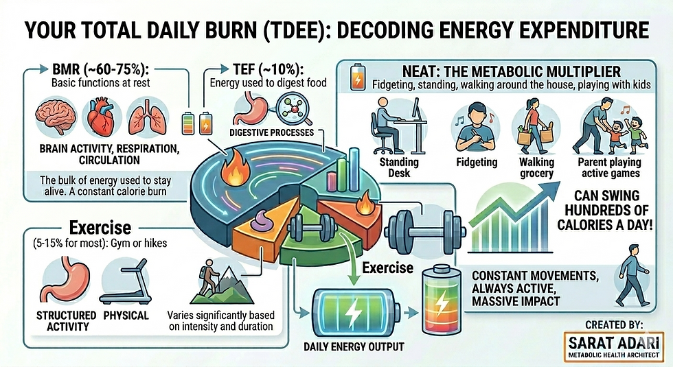 Infographic of Total Daily Energy Expenditure (TDEE) components, showing the hierarchy of BMR (Basal Metabolic Rate), TEF (Thermic Effect of Food), EAT (Exercise Activity), and NEAT (Non-Exercise Activity Thermogenesis).
Sarat Adari | Metabolic Architect