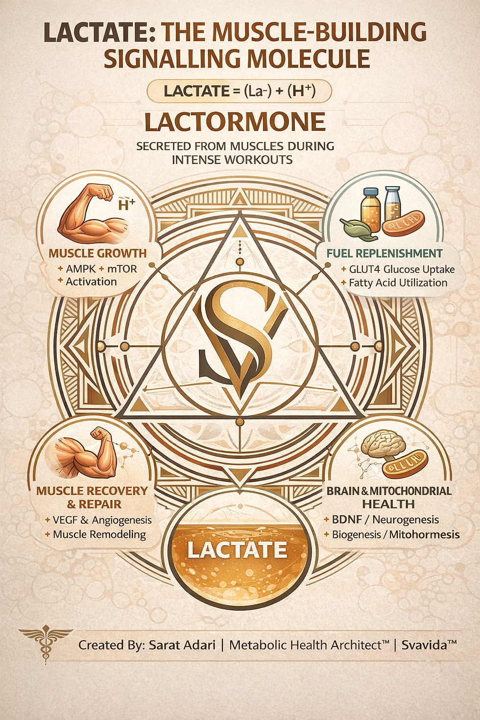 Infographic showing how Lactate is not just some waste chemical but rather a Lactormone, which acts like a signalling molecule

Sarat Adari | Metabolic Health Architect™ | Svavida™