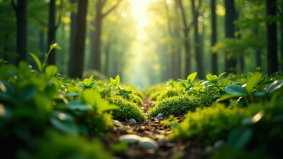 Eye-level view of a lush green forest with sunlight filtering through the leaves