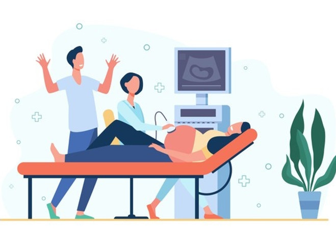 sonographer-doctor-examining-pregnant-woman-scanning-abdomen-using-ultrasound-scanner-vect