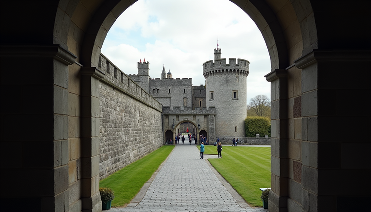 Eye-level view of Cardiff Castle entrance with historic stone walls