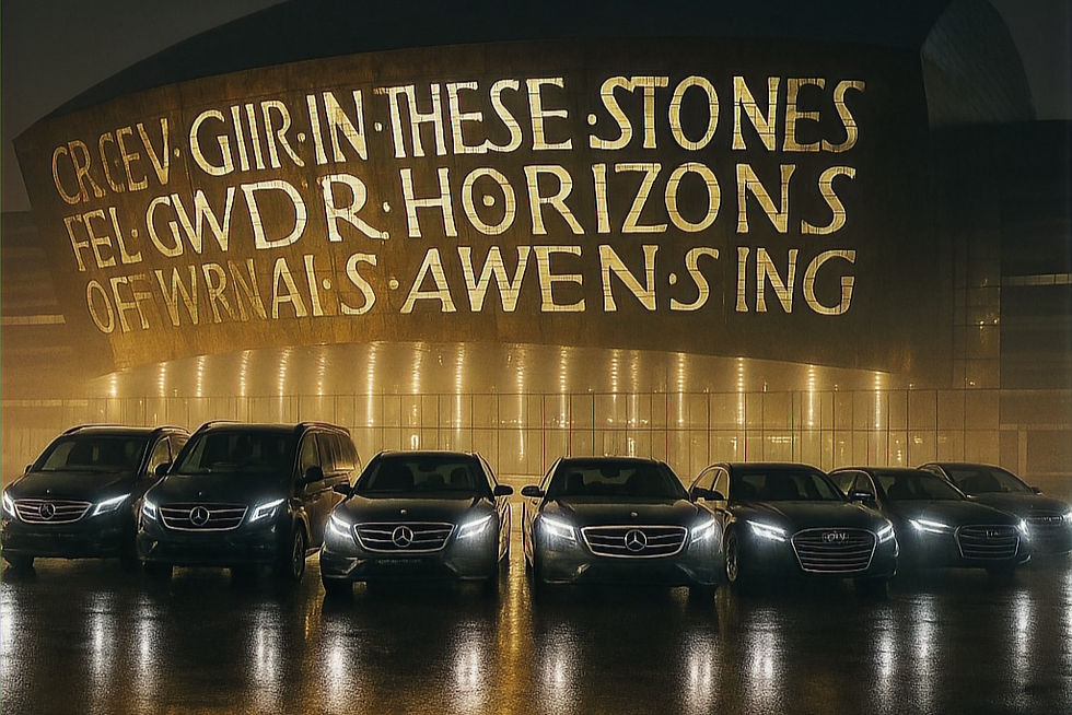 Eye-level view of a sleek black luxury car parked outside Cardiff’s Principality Stadium