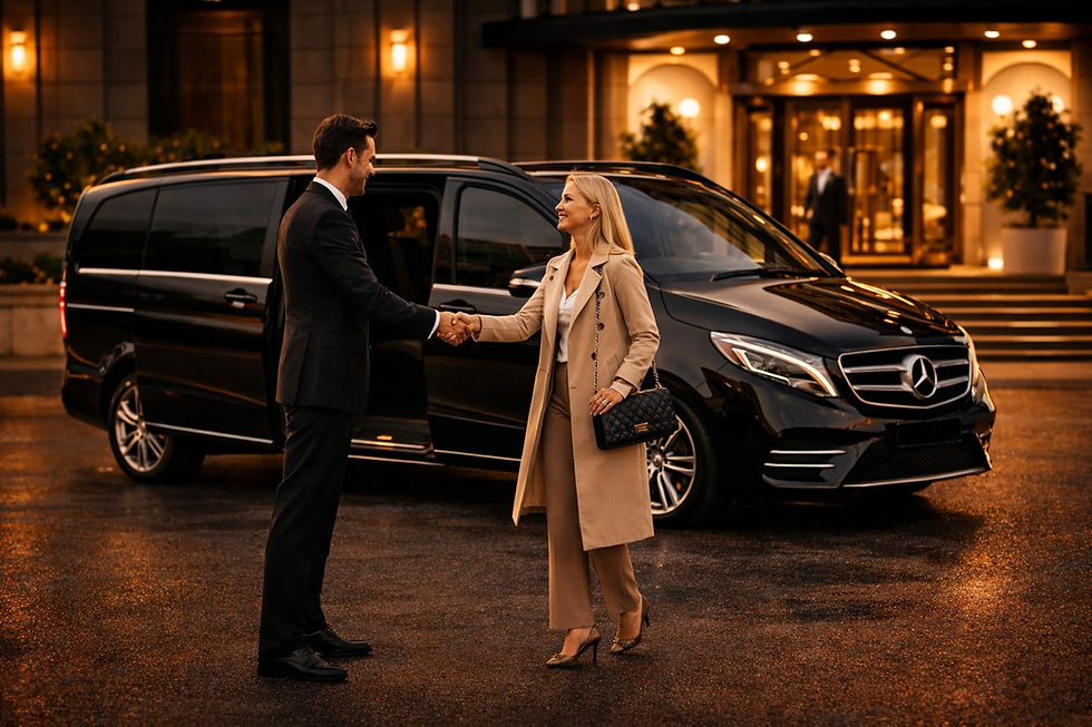 Professional chauffeur greetig a client beside a luxury Mercedes V-Class for executive travel in Cardiff,South Wales