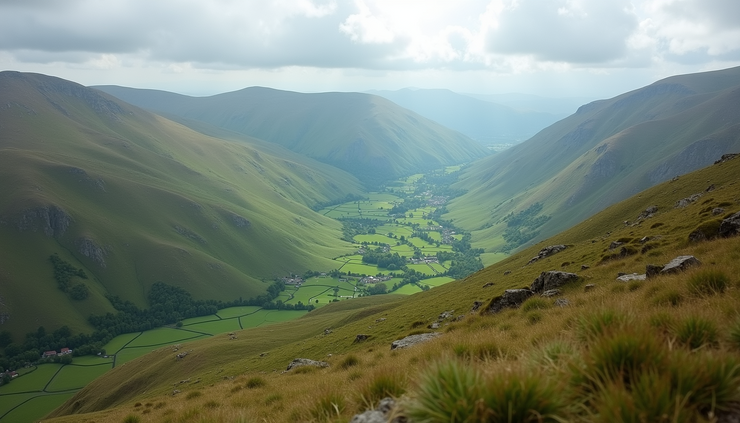 High angle view of Brecon Beacons mountains with green valleys and walking trails