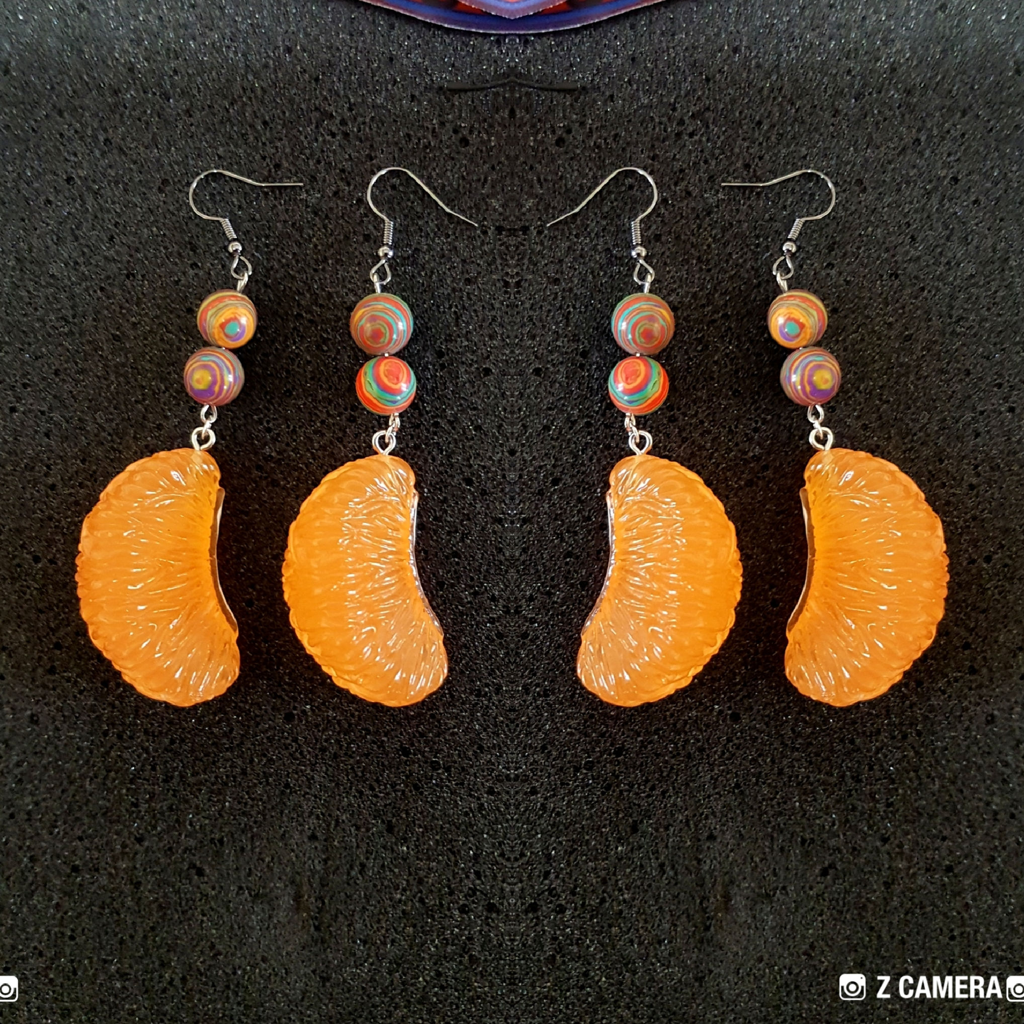 Tangerine/Clamentine Fruit Dangle Earrings with Orange Patterned Beads