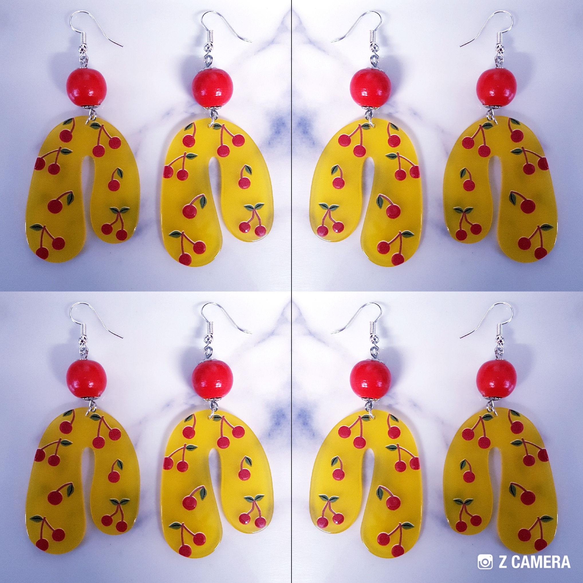 Red Cherry 3D printed Yellow U-Shaped Resin Pendant Earrings