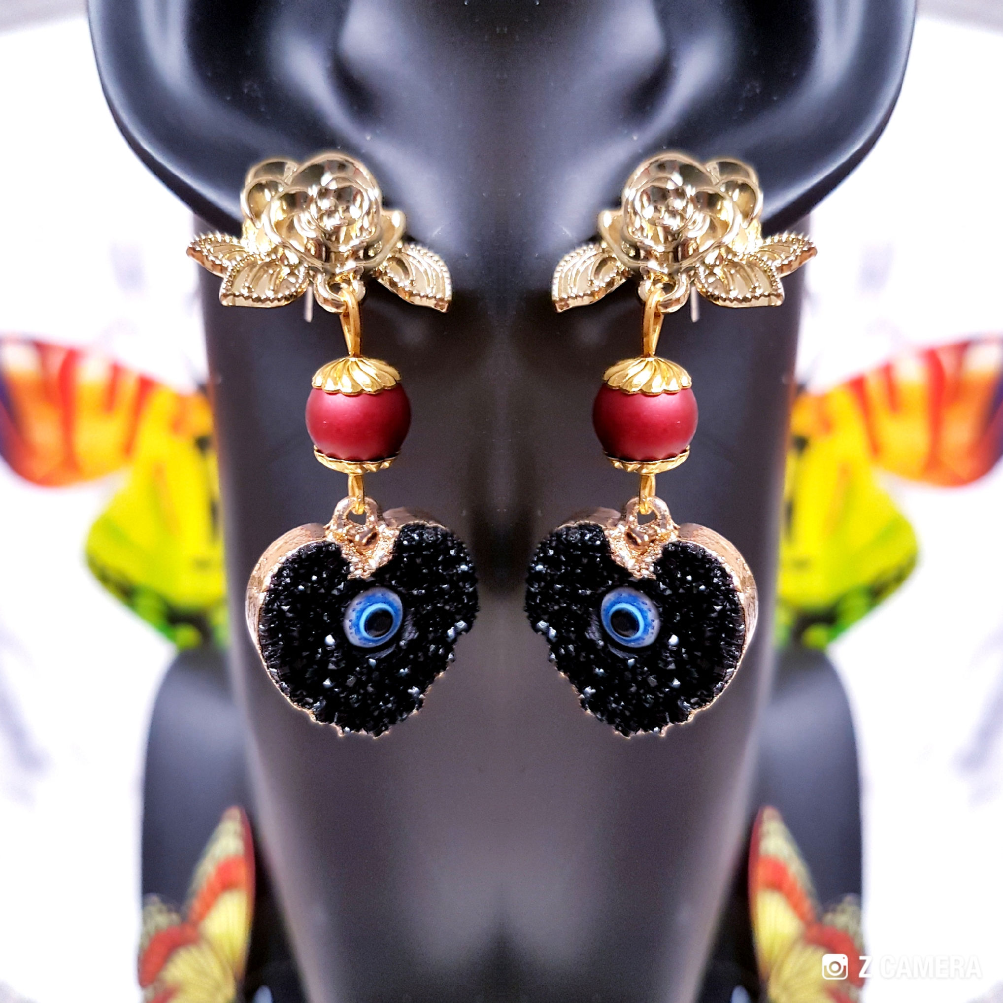 Red and Black Heart Dangle Earrings with Gold Flower and Red Matte beads