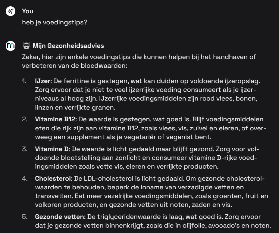 Mijn Gezondheid Chatbot: persoonlijke voedingstips o.b.v. bloedwaarden