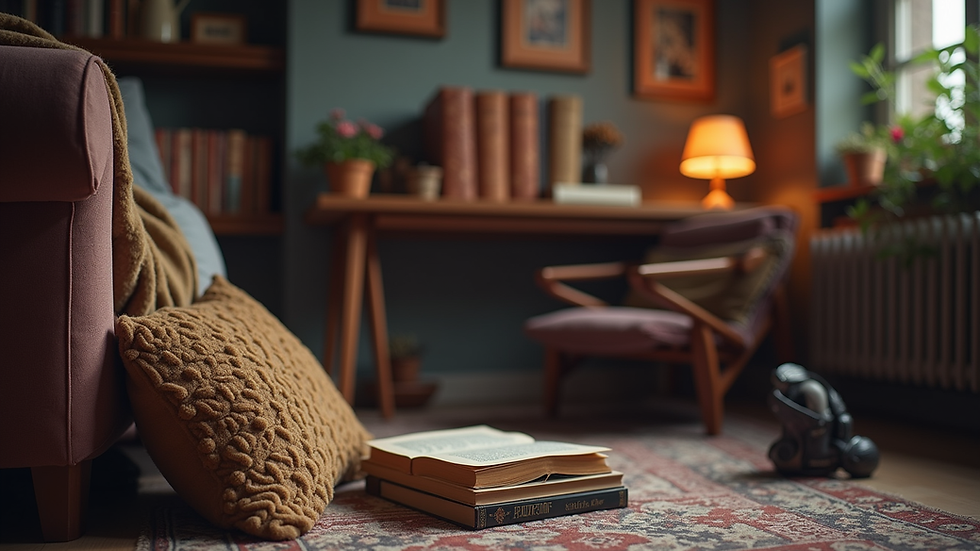 Eye-level view of a cozy reading nook with fantasy books and gaming gear