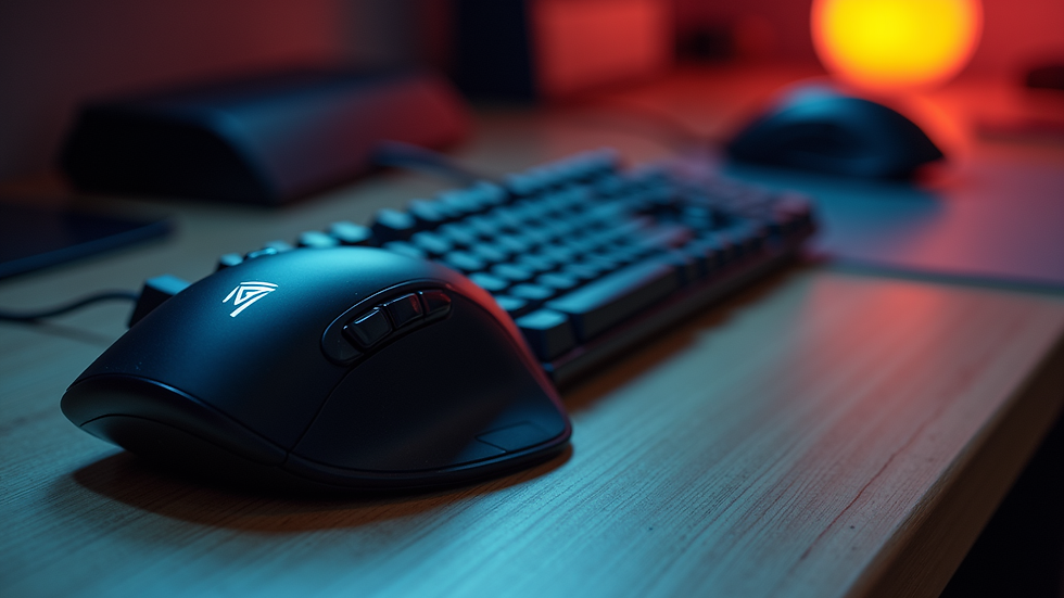 Close-up view of a gaming setup with keyboard, mouse, and fantasy novel on the desk