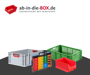 wrme, Werbebanner für ab-in-die-BOX.de – Lagersysteme aus Kunststoff in verschiedenen Größen und Farben.