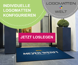 wrme, Werbebanner mit individuell bedruckter Logomatte im Eingangsbereich, Gestaltungstools und professioneller Look.