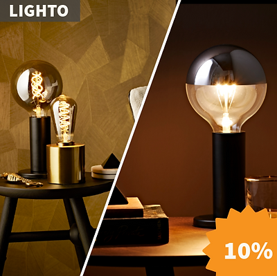 wrme, Zwei Designerlampen mit Glaskolben auf dunklem Hintergrund, Rabattstern „10 %“ – Werbebanner von LIGHTO für stilvolle Beleuchtung.