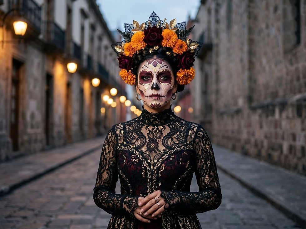 Mujer con maquillaje de catrina elegante en tonos negro y vino con corona de cempasúchil en una calle del Centro Histórico