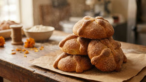 Pan de muerto en CDMX recién horneado con azúcar sobre papel de estraza en una panadería artesanal