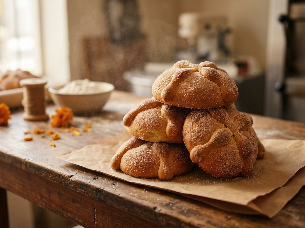 Pan de muerto en CDMX recién horneado con azúcar sobre papel de estraza en una panadería artesanal