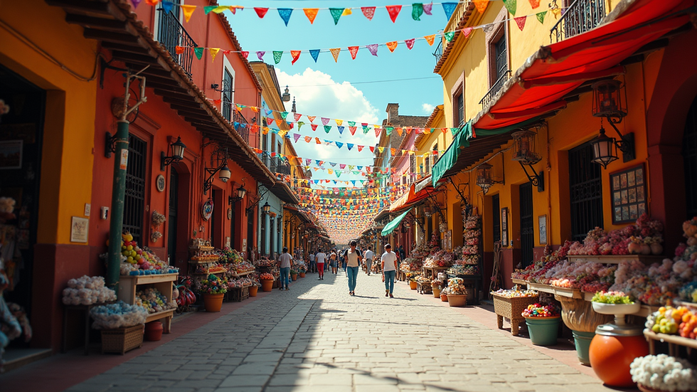 Eye-level view of a colorful Mexican market street with vibrant decorations