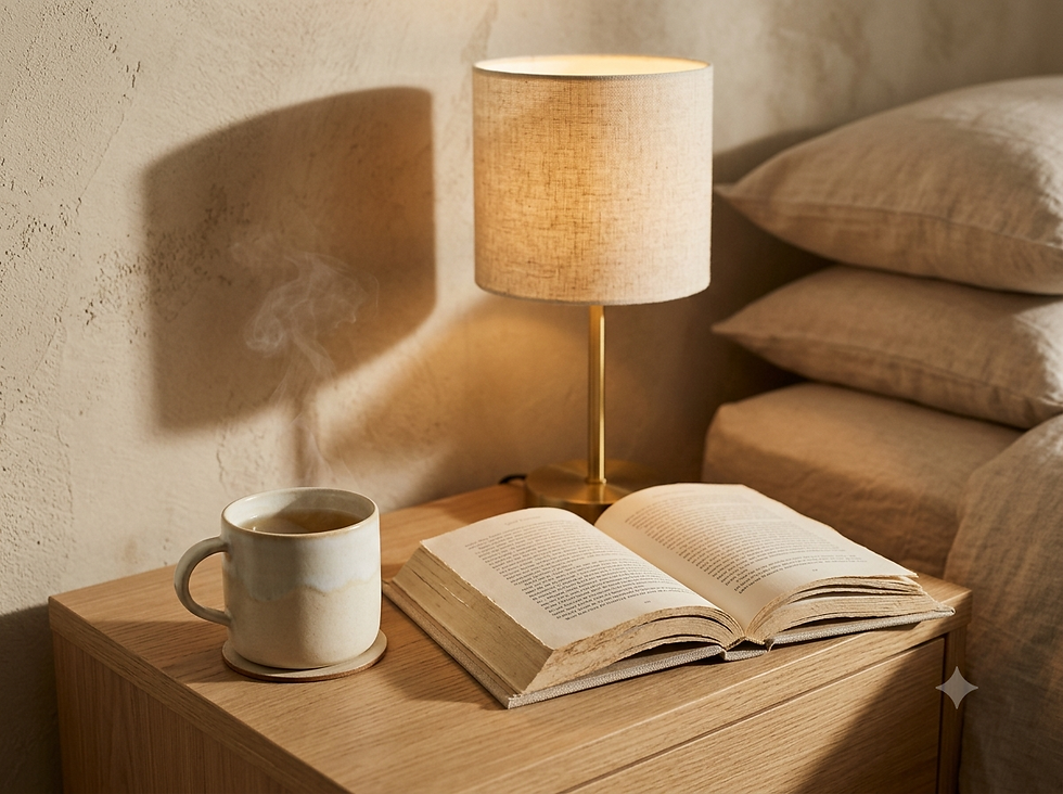 Taza de infusión caliente sobre un buró de roble iluminado por una tenue luz cálida de 2700K, simbolizando la preparación para una rutina de sueño saludable.