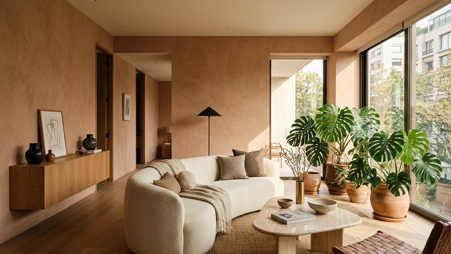Sala contemporánea iluminada en un departamento de la Ciudad de México que ilustra cómo redecorar tu hogar mediante tonos beige cálidos, madera y vegetación natural.
