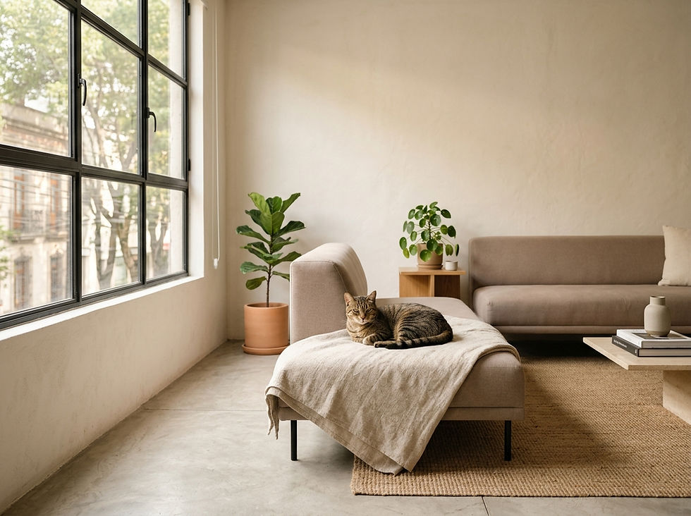 Gato doméstico relajado sobre un sillón en un departamento moderno en México, ilustrando el bienestar de animales de compañia y la salud preventiva