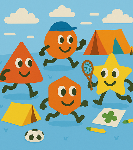 Illustration of cheerful, colorful geometric characters playing sports and doing arts and crafts at an outdoor camp, with tents and sunny skies in the background. Promotes kids’ activity during school holidays with the message: