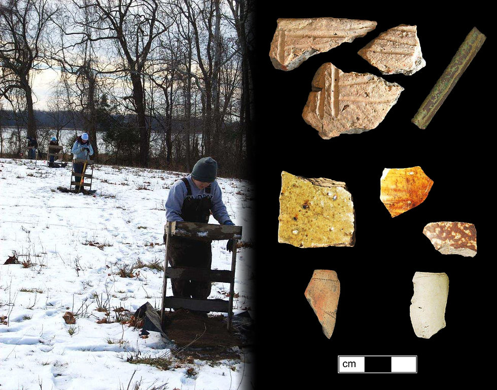 Figure 2: Excavations at 18ST153. Left: Shovel testing the site. Right: Townsend incised ceramics and copper bead (top row), European ceramics (middle row), and red and white clay tobacco pipe bowl fragments (bottom row).