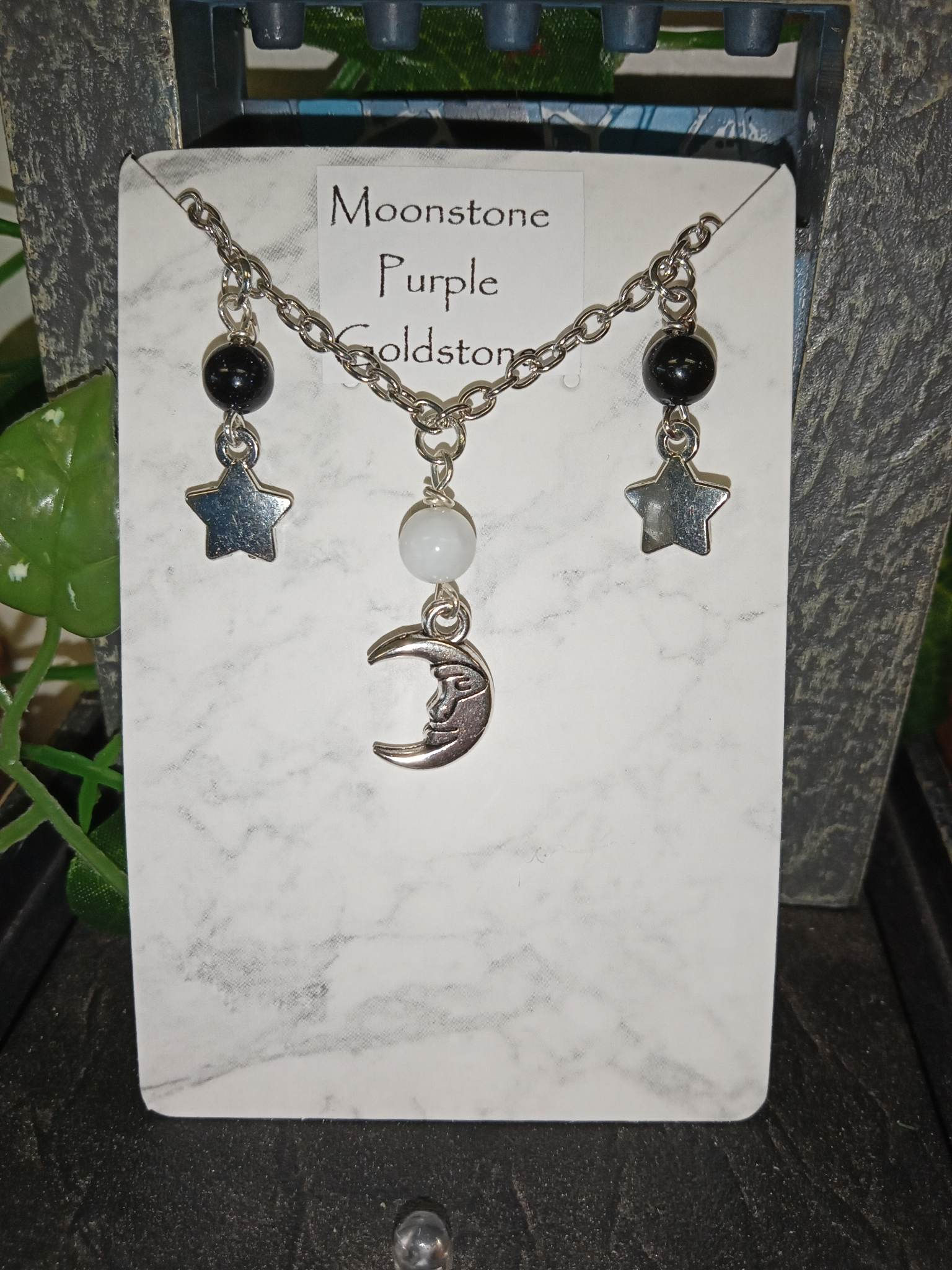 Moonstone and Purple Goldstone Necklace with Moon and Star Charms