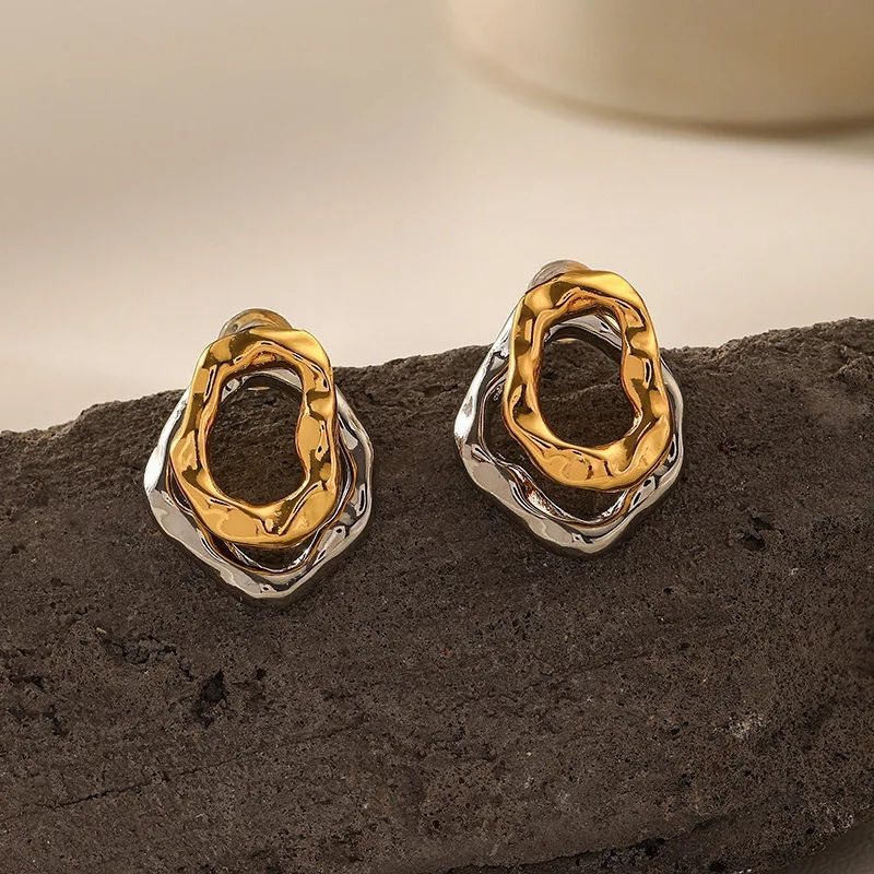 Thumbnail: Stainless Steel Vintage Droplet Metal Splice Stud Earrings for Women Two Wear wa