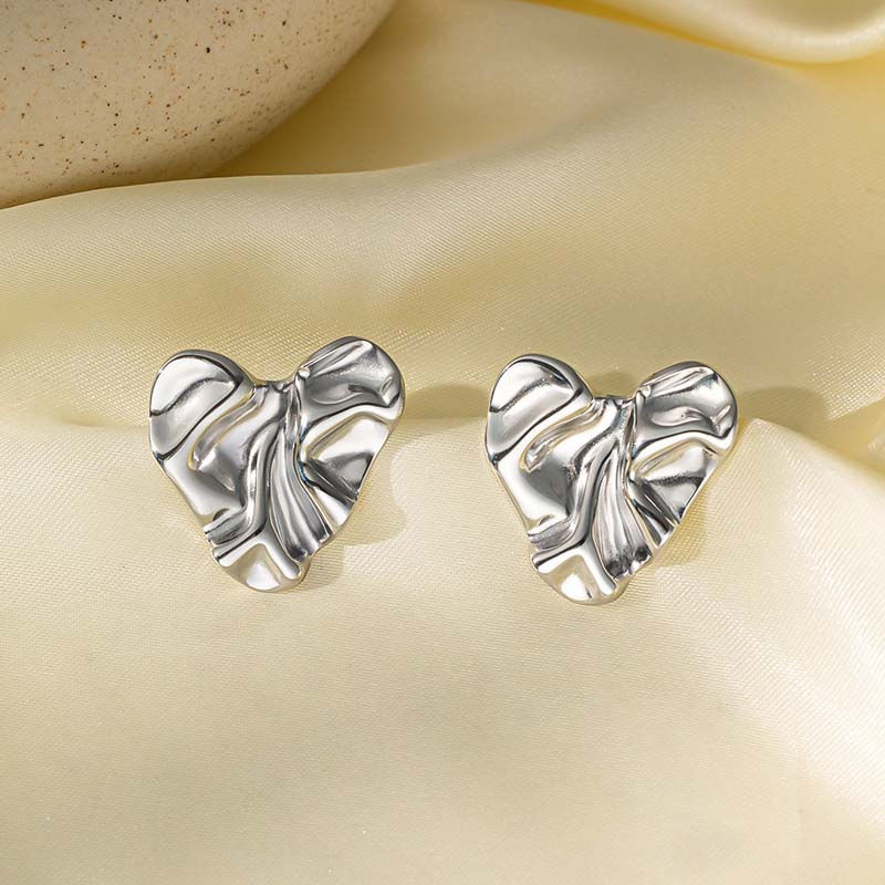 Thumbnail: Stainless Steel Metal Irregular Pleated Stud Earrings For Women Vintage Gold Col