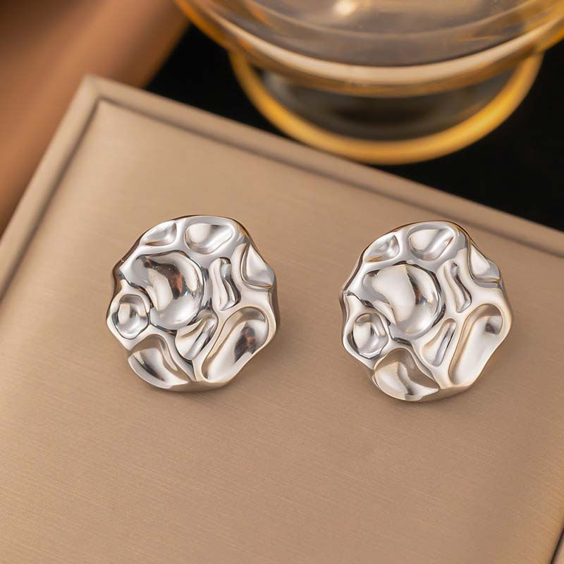 Thumbnail: Stainless Steel Metal Irregular Pleated Stud Earrings For Women Vintage Gold Col