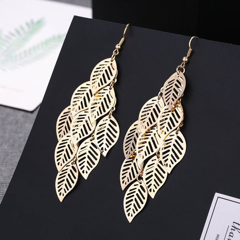 Thumbnail: Fashion Multi-layer Metal Leaves Geometric Earrings Woman Swing Drop Dangle Earr
