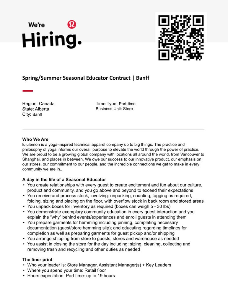 lululemon hiring part time