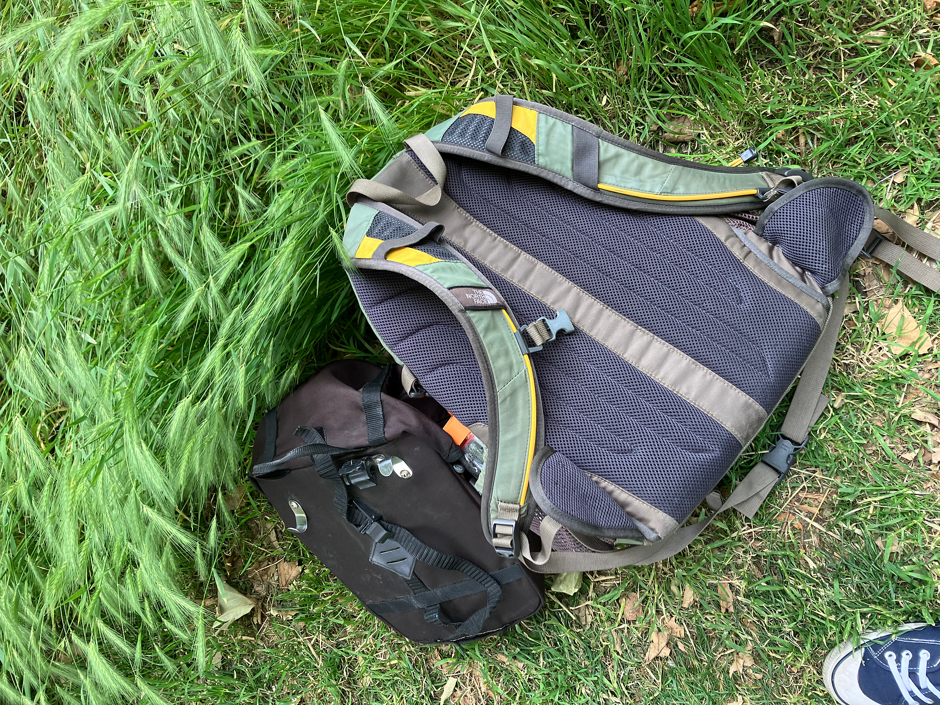 Rucksack and pannier on the floor with grassy background