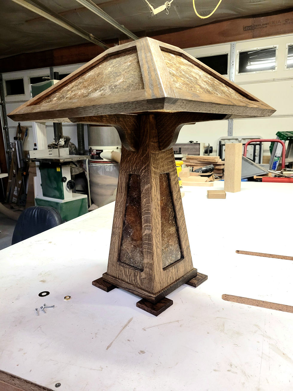 All Quartersawn White Oak Craftsman Style Lamp with Amber Mica Base Windows and Shade, all LED Lit