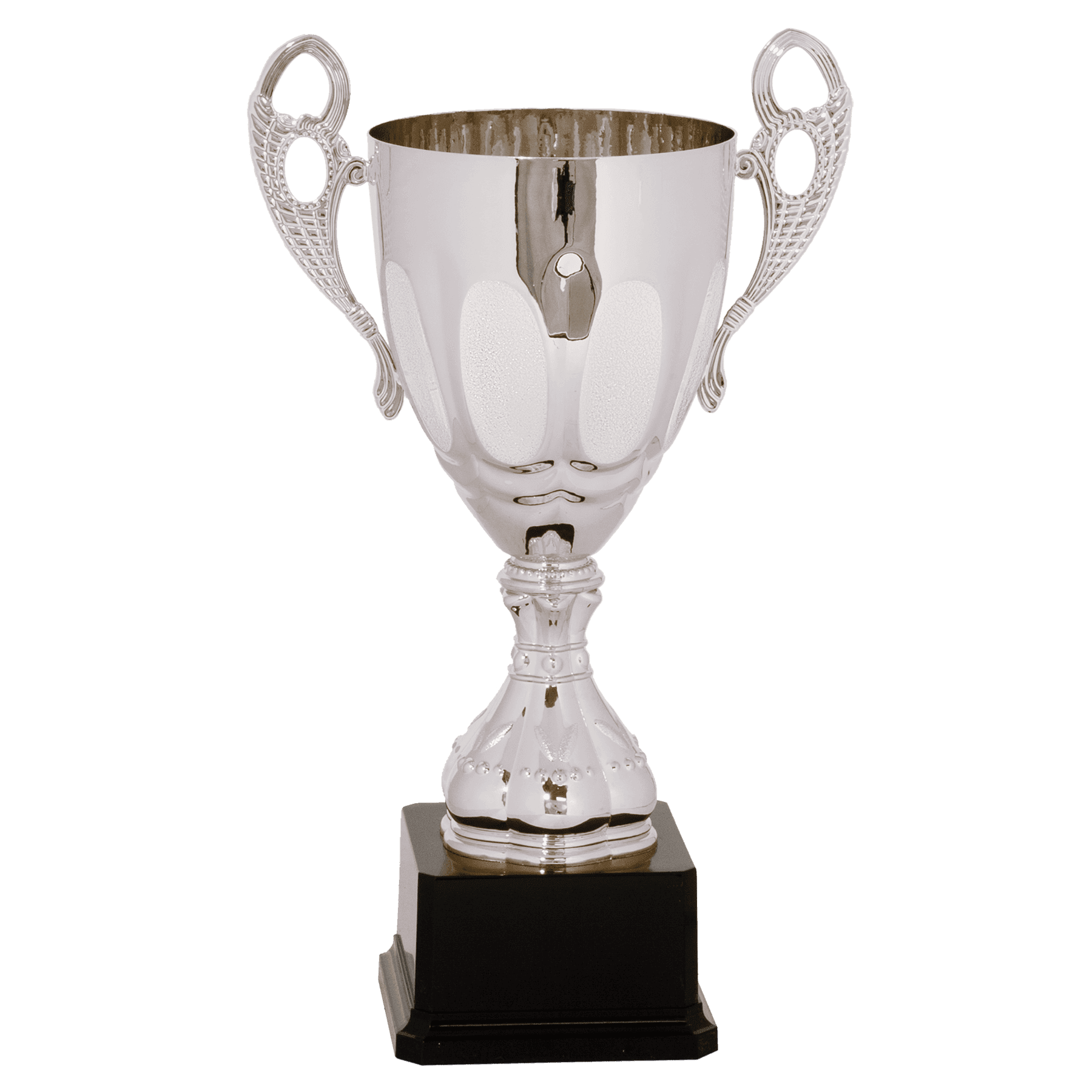 Silver metal trophy cup on plastic base