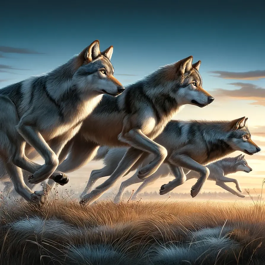 DALL·E 2024-05-03 11.49.28 - A dynamic scene of a wolf pack hunting in a grassy field at d