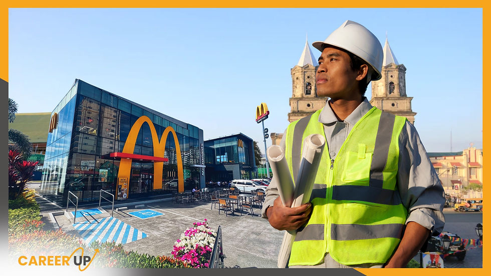 A construction worker in a hard hat and vest holds blueprints, standing before a McDonald's with large arches. "CAREER UP" text appears below.