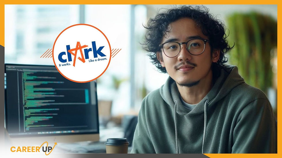 Filipino person in a hoodie with glasses smiling by a monitor displaying code. Background has blurred plants. Text: "Clark" and "CareerUp."