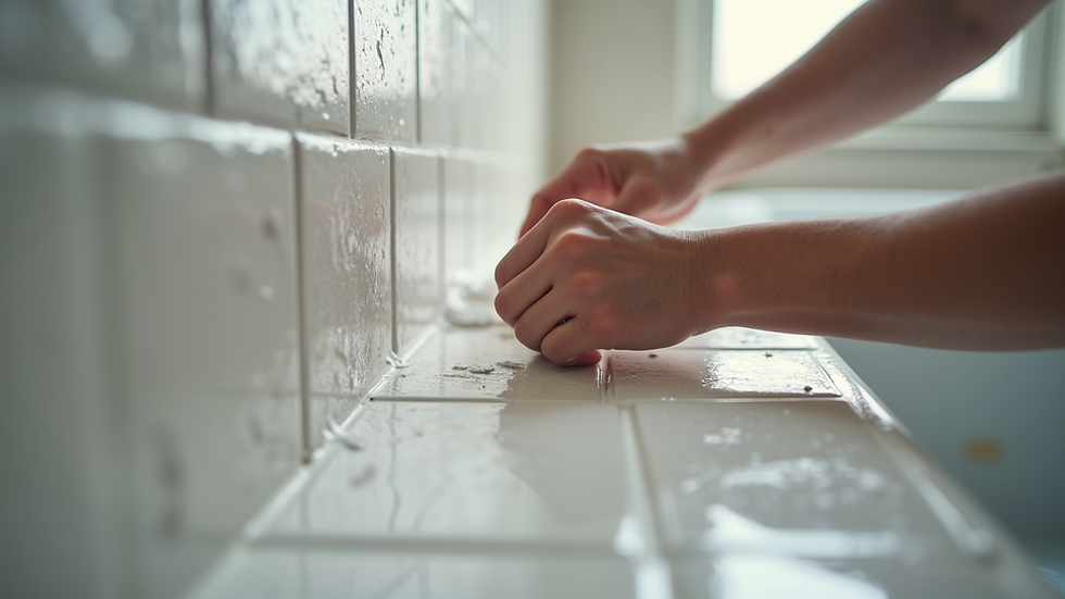 Close-up of hands installing bathroom tiles on wall