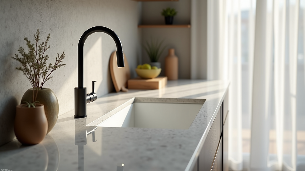 High angle view of kitchen countertop with quartz surface and modern sink