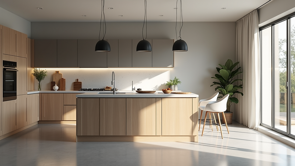 Eye-level view of modern kitchen layout with island and cabinets