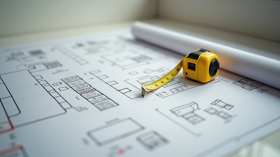 High angle view of bathroom renovation blueprint and measuring tape