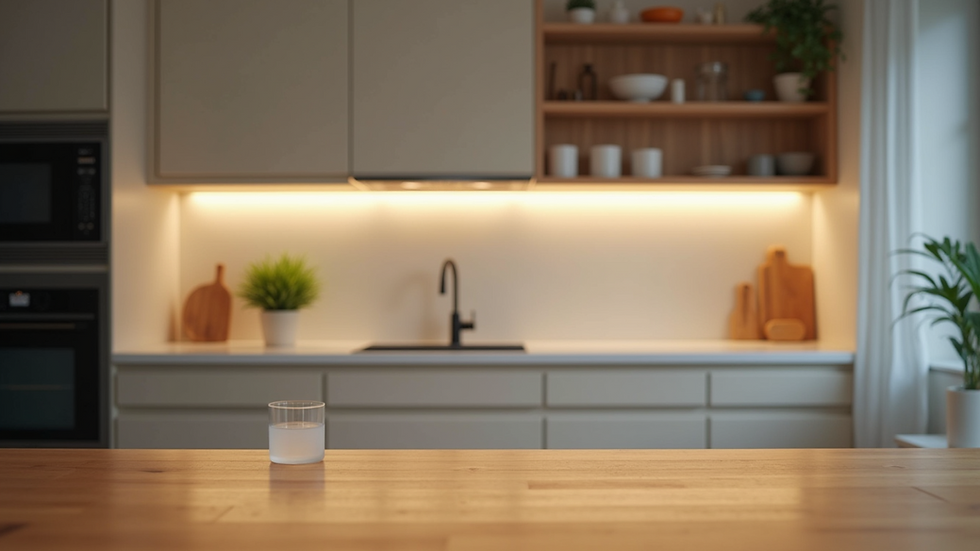 Eye-level view of modern kitchen with new cabinets and lighting