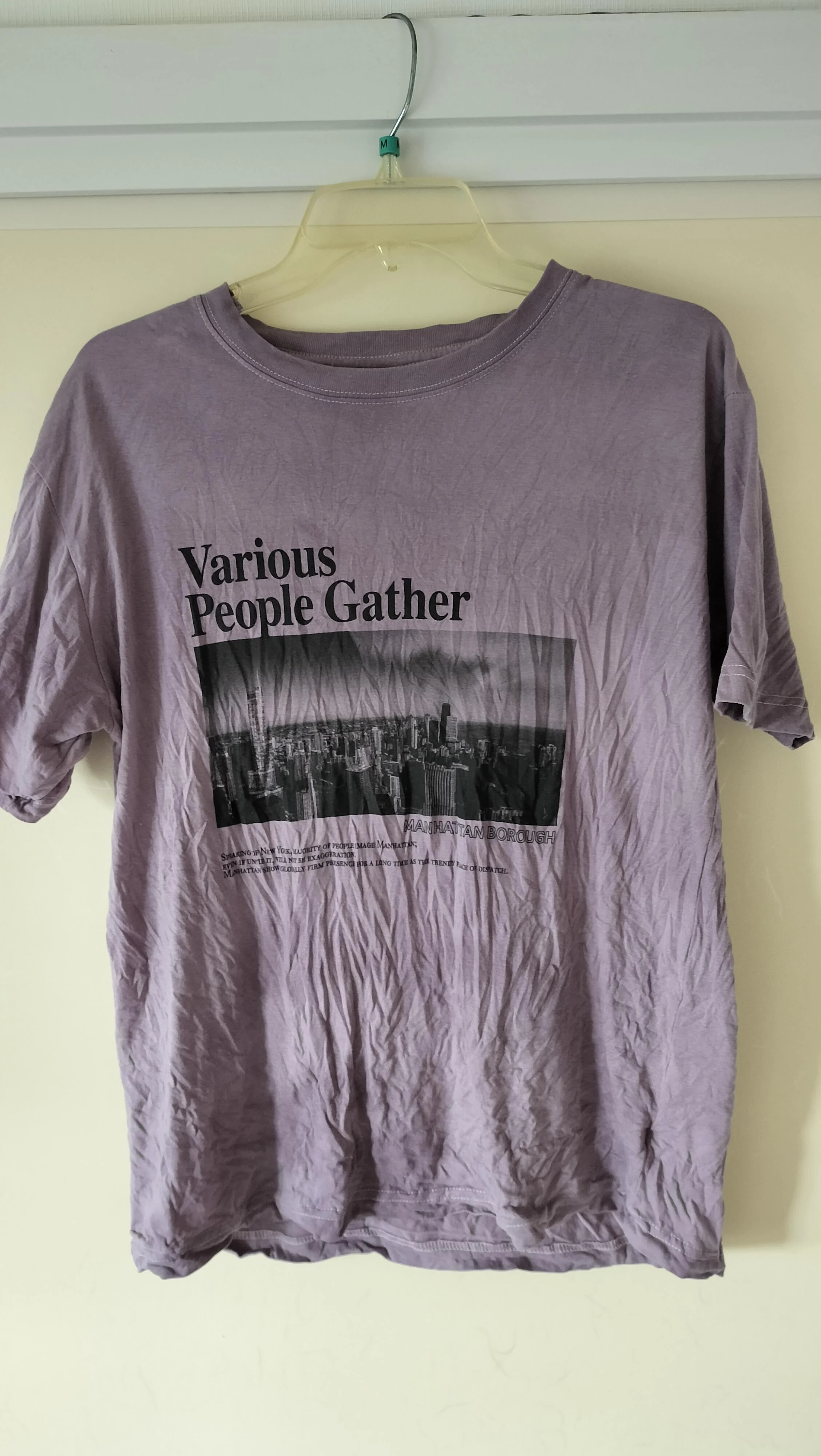 camiseta arrugada gris con texto negro colgada en una percha