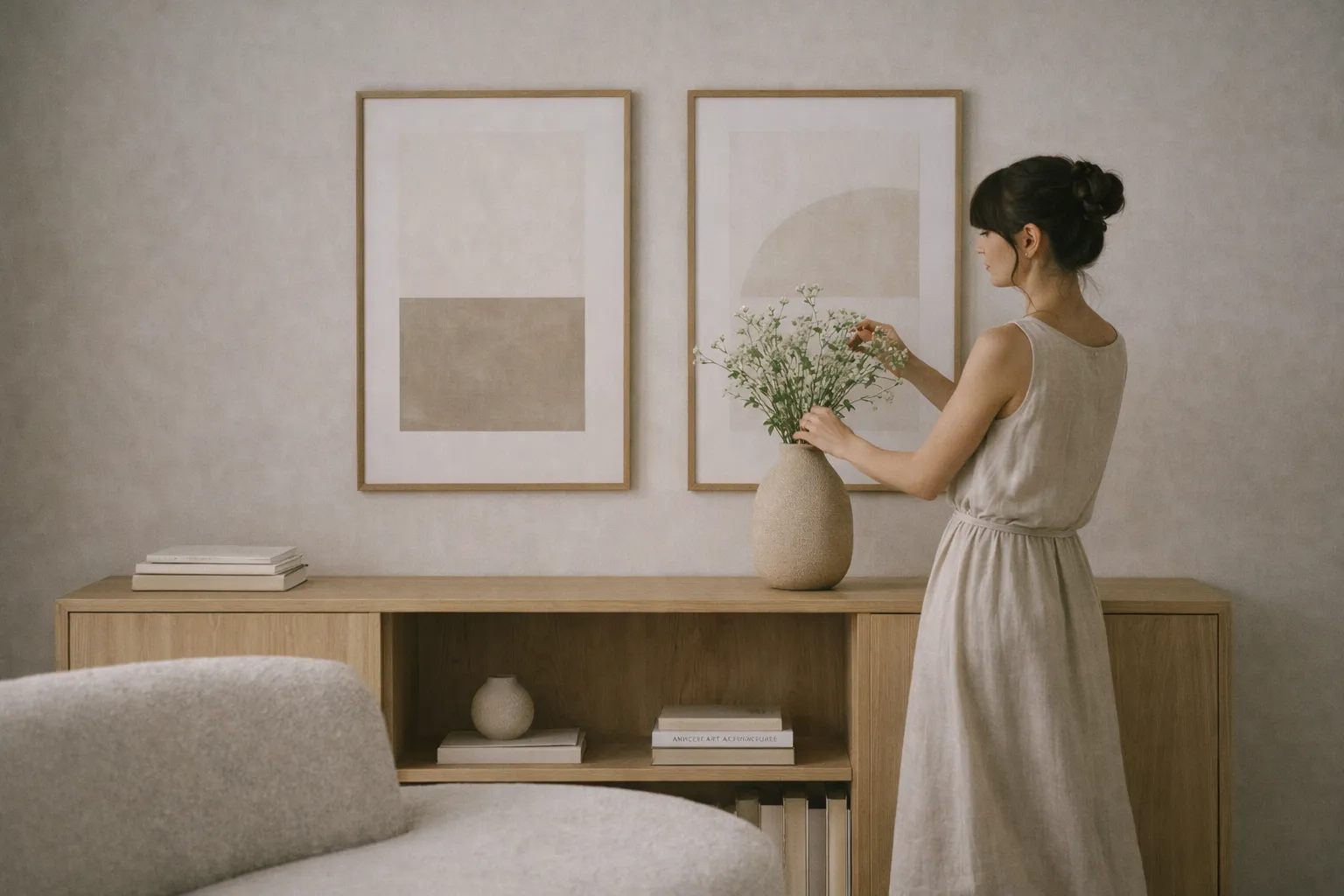 mujer colocando un jarrón en un mueble de una habitación. Hay dos cuadros en la pared, varios libros y un sofá. Todo con colores beige