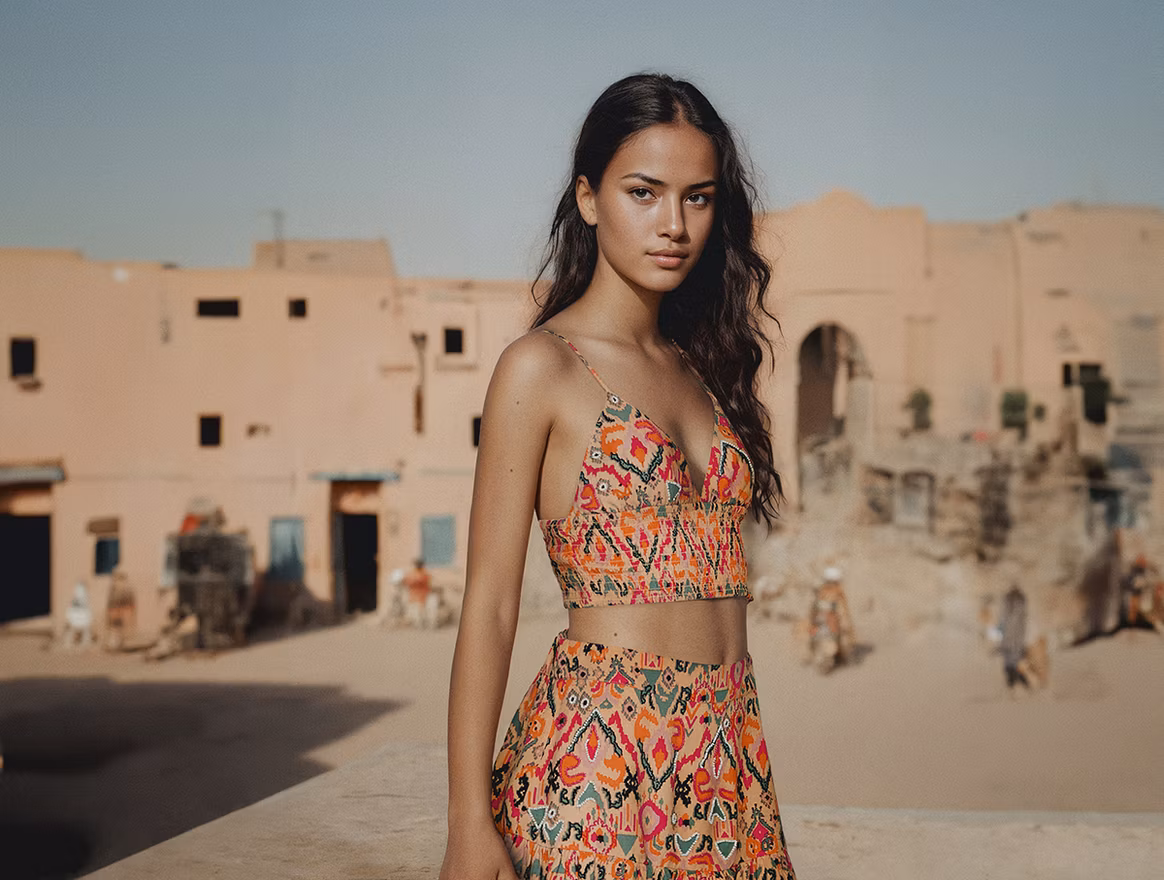 Mujer con el pelo largo y morena viste con top y parte de abajo del mismo estampado. Posa en un desierto