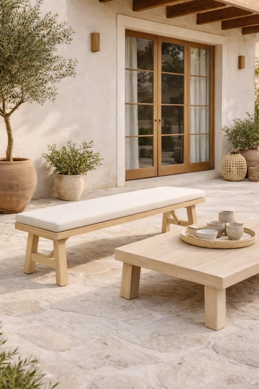 patio exterior con mesa y butaca. Hay macera con plantas y todo es de color beige